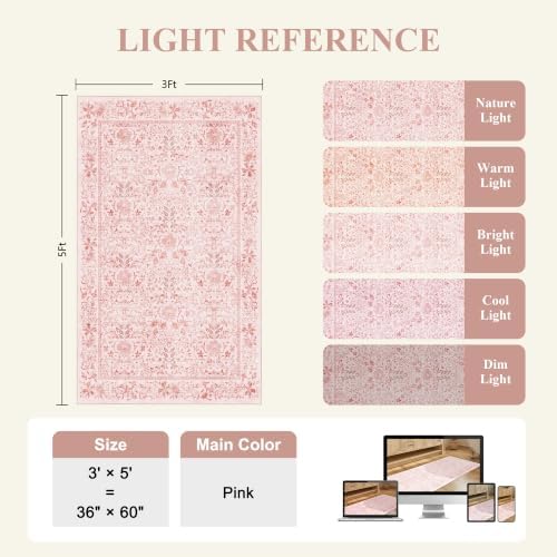DUKINO 3x5 Rug, Washable Vintage Floral Bedroom Area Rug Non Slip, Pink