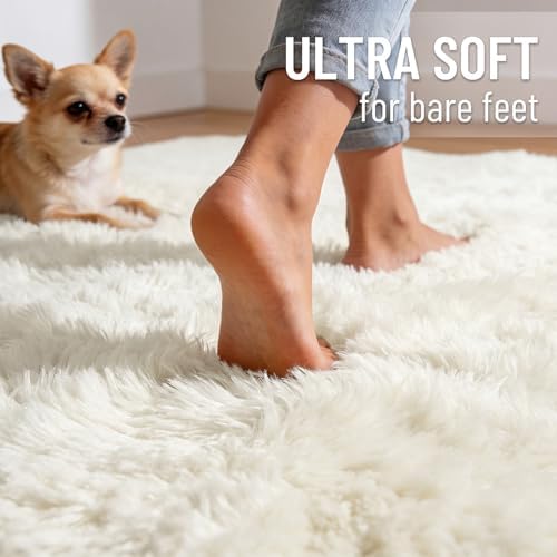 OLANLY 7x11 Machine Washable Large Area Rugs for Living Room, Bedroom, Soft Fluffy Shaggy Bedside Rug, Indoor Floor Carpet for Kids Girls and Boys, Dorms, Nursery, Home Decor Aesthetic, Ivory