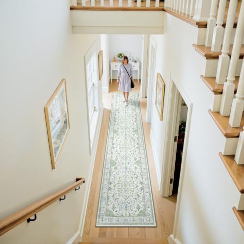 RELEANY Washable Area Rug, Runner 2'6"x10', Green/White/Blue