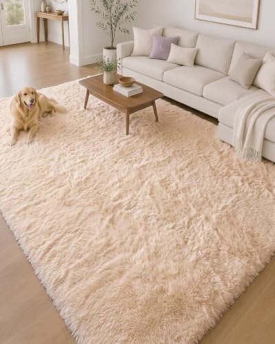 OLANLY 6x9 Machine Washable Large Area Rugs for Living Room, Bedroom, Soft Fluffy Shaggy Bedside Rug, Indoor Floor Carpet for Kids Girls and Boys, Dorms, Nursery, Home Decor Aesthetic, Beige