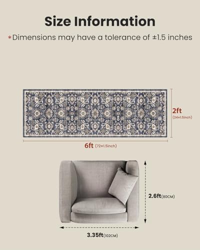 Amada 2x6 Washable Runner Rug for Kitchen and Entryway, Blue/Brown, Vintage