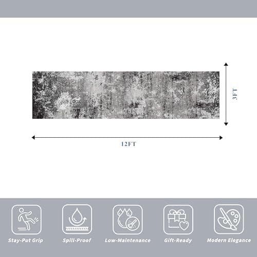 3x12 ft Long Hallway Runner Rug Non-Slip Washable Carpet Runner for Kitchen Entryway Bathroom Modern Abstract Neutral Low-Pile Thin Stain-Resistant Black Grey