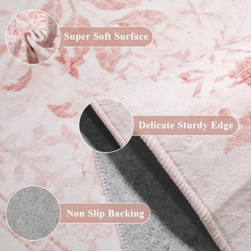 DUKINO 2x10 Runner Rug, Washable Vintage Floral Kitchen Rug, Pink