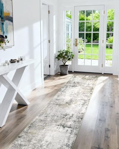 Modern Abstract Washable Runner Rugs - 2x8 Soft Long Rug Stain Resistant Non Slip Low Pile Accent Carpet for Indoor Entryway Hallway Kitchen Laundry - Charcoal Grey