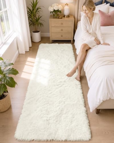 OLANLY 2x6 Machine Washable Runner Rugs for Hallway, Soft Fluffy Shaggy Bedside Rugs for Bedroom, Living Room, Indoor Floor Carpet for Kids Girls and Boys, Nursery Rooms, Home Decor Aesthetic, Ivory