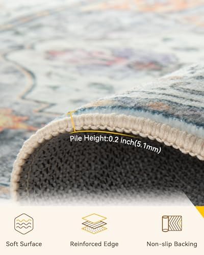 RELEANY Washable Area Rug, Large 9'x12', Beige/Carbon Grey/Orange