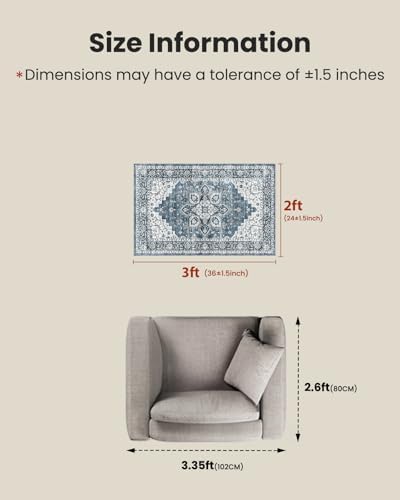 Amada Small 2x3 Washable Area Rug for Entryway, Blue, Vintage Pattern