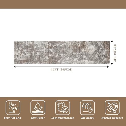 2x10 Washable Hallway Runner Rug – Non-Slip Stain-Resistant Low-Pile Long Carpet Runner for Kitchen Entryway Living Room Bedroom Bathroom, Modern Abstract Neutral (Brown Beige,2x10)