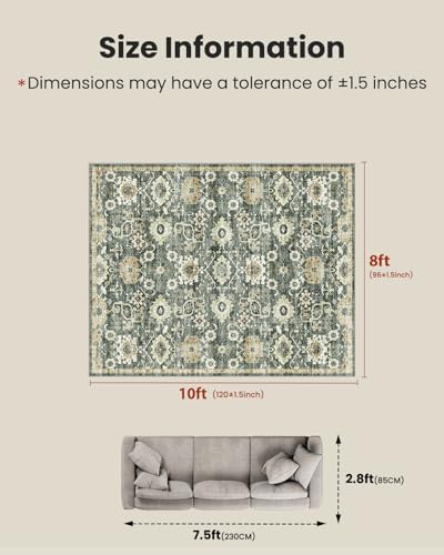 Amada 8x10 Washable Area Rug for Living Room, Green/Brown, Vintage Pattern