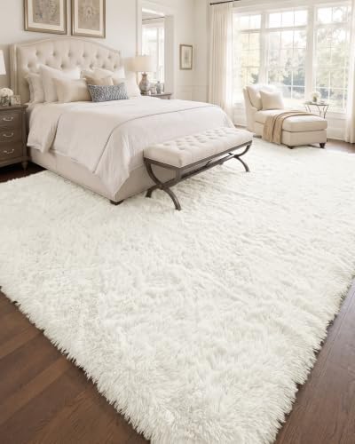 OLANLY 9x11 Machine Washable Large Area Rugs for Living Room, Bedroom, Soft Fluffy Shaggy Bedside Rug, Indoor Floor Carpet for Kids Girls and Boys, Dorms, Nursery, Home Decor Aesthetic, Ivory