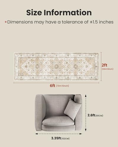 Amada 2x6 Washable Runner Rug for Kitchen and Entryway, Beige, Vintage