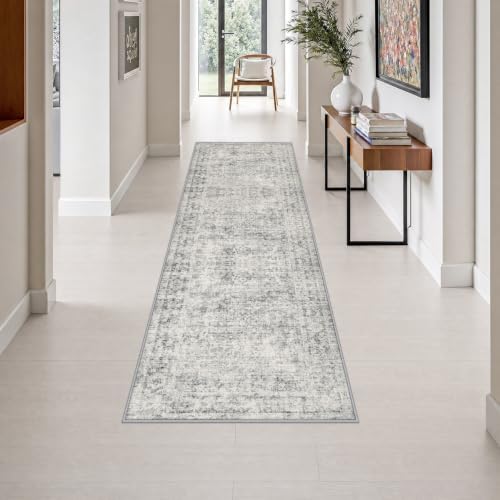 2.6x8 Washable Runner Rug：Modern Abstract Soft Carpet Black Grey