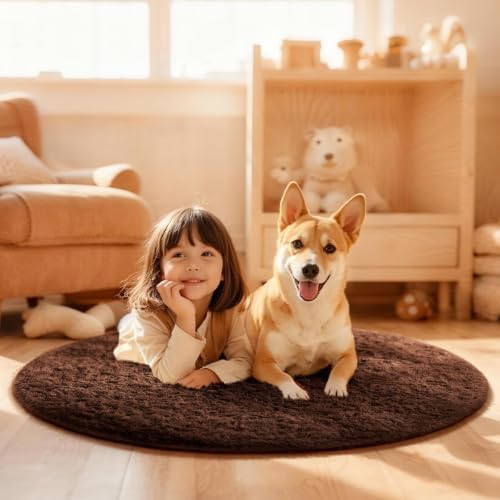 Ophanie Round Rug 4Ft Brown Circle Area Rug, Fluffy Fuzzy Small Bedroom Carpet, Plush Soft Shaggy Floor Living Room Circular Decor for Kids Boys Girls Home Aesthetic, Nursery with 99 pcs Pile fibers