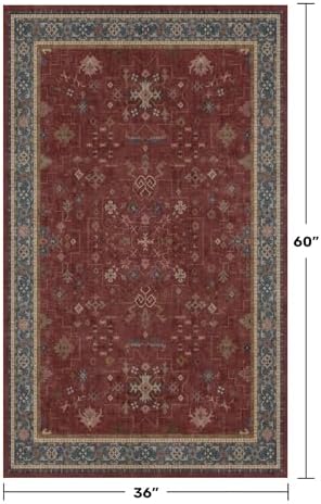 Washable 3x5 Entry Way Rugs Indoor - Burgundy Large Kitchen Rug, Non Slip Unique Bohemian Red Low Pile Thin Carpet for Bedroom Bedside, Foyer