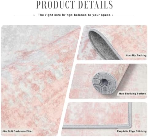 Area Rug Living Room: 4x6 Modern Washable Soft Carpet Pink White