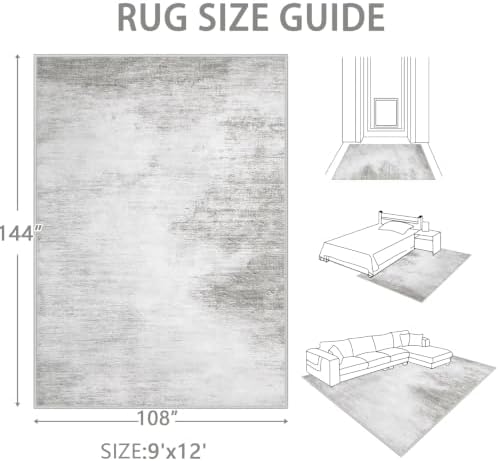 Area Rugs 9x12 Living Room: Washable Rug Modern Abstract Large Rugs Soft Non Slip Neutral Rug Stain Resistant Indoor Carpet for Bedroom Kitchen Dining Room Home Office Rugs(Grey,9'x12')