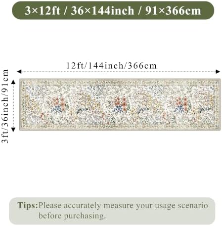 Washable Long Runner Rug 3x12: Vintage Botanical Runner for Large Hallway Office Gallery - Machine Washable Non Slip Low Pile Carpet - Soft Foldable Rug for Busy Indoor Spaces - 3'x12' Beige