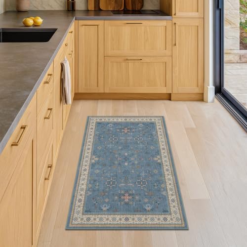 Blue 2x3 Washable Rug for Entryway Indoor, Kitchen Floor Waterproof, Bathroom, Powder Room, Non Slip Low Pile Stain & Fade Resistant, Modern Eclectic Floral Decor