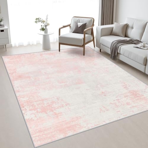 Area Rug Living Room: 4x6 Modern Washable Soft Carpet Pink White