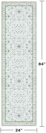 Hazo Haus Boho Bathroom Runner 2x7 - Cream Green Oushak Floral Turkish, Washable Low Pile Non Slip Stain Resistant Small Accent Rug for Kitchen, Hallway