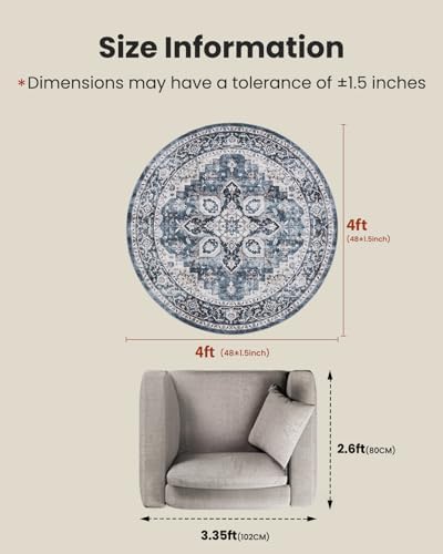 Amada Round 4x4 Washable Area Rug for Living Room, Blue, Vintage Style