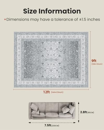 Amada Large 9x12 Washable Area Rug for Living Room, Silver/Gray, Vintage