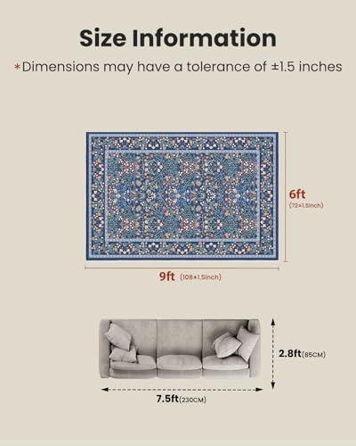 Amada Floral Washable Area Rug,6'x9',Dark Blue