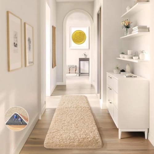 Ophanie Runner Rug for Hallway, 2x6 Upgrade Non-Slip Fluffy Soft Bedside Rugs, Bedroom Living Room Beige Shaggy Carpet for Kids Girls Boys Dorm Nursery Home Decor Aesthetic