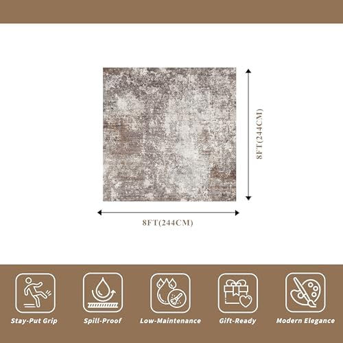 8x8 Square Living Room Area Rug – Washable Modern Neutral Abstract Indoor Rug for Bedroom, Dining Room, Kitchen – Non-Slip Soft Low-Pile Floor Carpet (Brown Beige,8x8)