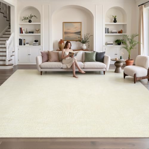 Valenrug 9x12 Area Rug, High Low Pile Washable Rugs for Living Room Ivory