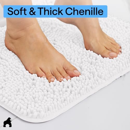 GORILLA GRIP Bath Rug Mat for Bathroom, Absorbent Chenille, 30x20 White