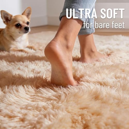 OLANLY 8x12 Machine Washable Large Area Rugs for Living Room, Bedroom, Soft Fluffy Shaggy Bedside Rug, Indoor Floor Carpet for Kids Girls and Boys, Dorms, Nursery, Home Decor Aesthetic, Beige