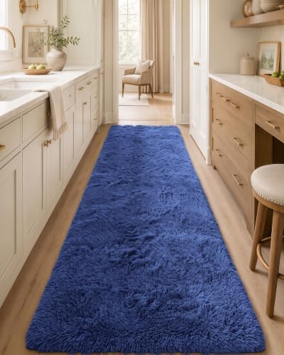 OLANLY 2x8 Machine Washable Runner Rugs for Hallway, Soft Fluffy Shaggy Bedside Rugs for Bedroom, Living Room, Indoor Floor Carpet for Kids Girls Boys, Nursery Rooms, Home Decor Aesthetic, Navy Blue