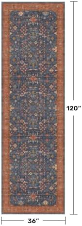 Washable 10 ft Long Runner for Hallway - Navy Blue Kitchen Floor Runner Rug, Pet Friendly Waterproof Non Slip with Rubber Backing, Stain Resistant Laundry Room Rug (3x10 Navy Blue & Terracotta)