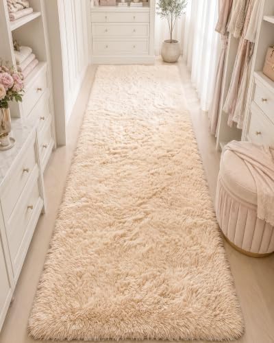 OLANLY 3x9 Machine Washable Runner Rugs for Hallway, Soft Fluffy Shaggy Bedside Rugs for Bedroom, Living Room, Indoor Floor Carpet for Kids Girls and Boys, Nursery Rooms, Home Decor Aesthetic, Beige