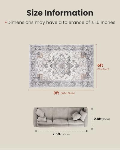 Amada 6x9 Washable Area Rug for Dining Room, Taupe, Boho Vintage Pattern