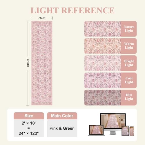 DUKINO 2x10 Runner Rug for Hallway, Washable Vintage Floral Rug, Pink