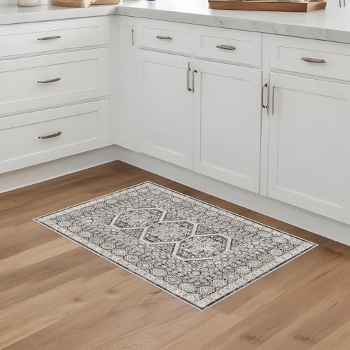 2x3 Area Rug Washable Vintage: Non Slip Throw Rugs for Entryway Floor Black