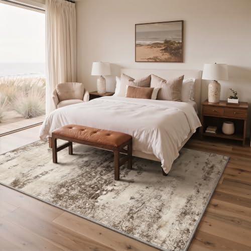 BEIMO 5FT Antique Beige Abstract Round Rug, Washable Non-Slip for Bedroom