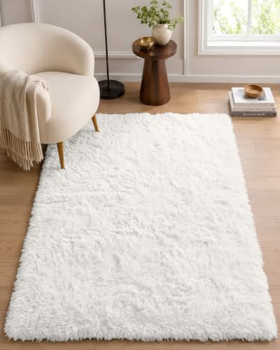 OLANLY 3x4 Machine Washable Accent Rug, Soft Fluffy Shaggy Area Rug for Bedroom, Living Room, Indoor Floor Carpet for Kids, Nursery, Home Decor, White