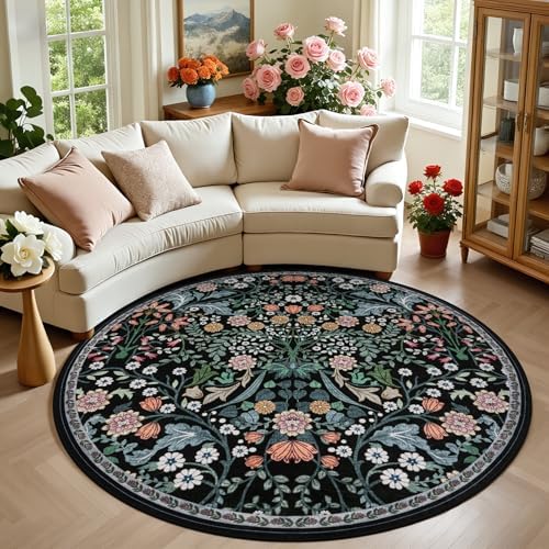 PLHXFR Round Area Rug Living Room: 6 ft Floral Washable Carpet Dark Black