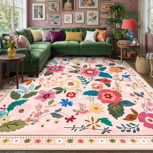 RELEANY Floral Washable 9x12 Area Rugs Pink