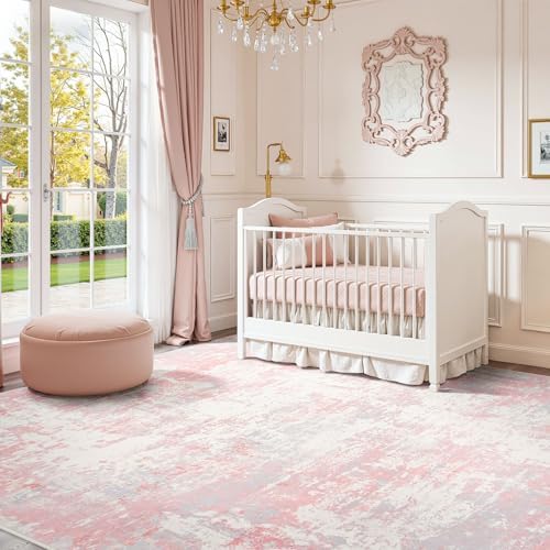 Rugflix 9x12 Area Rugs for Bedroom, Washable Pink Large Rug