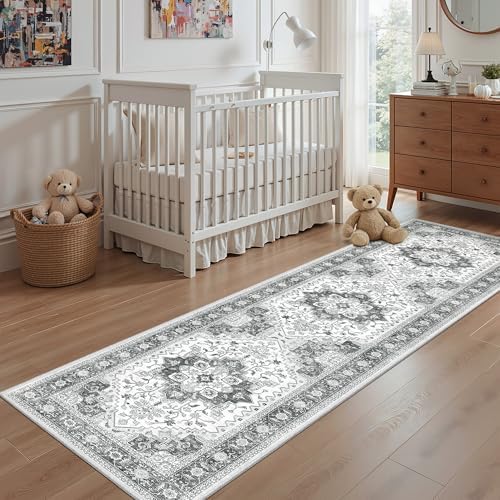 2'x8' Washable Runner Rug for Hallway Kitchen Rug Boho Floor Carpet Grey