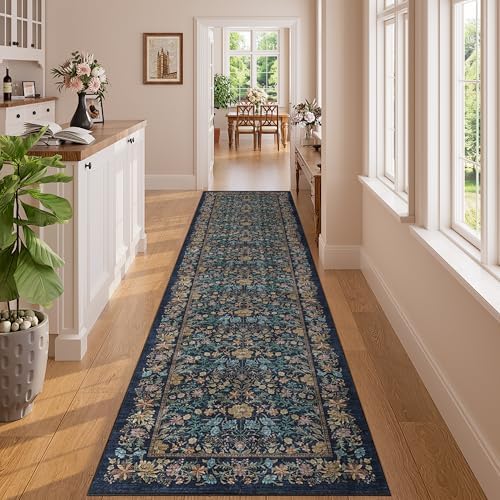 DUKINO 2x10 Runner Rug, Washable Vintage Floral Kitchen Rug, Dark Blue