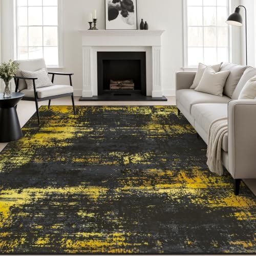 10x14 Area Rug Living Room: Modern Washable Soft Carpet Black Gold