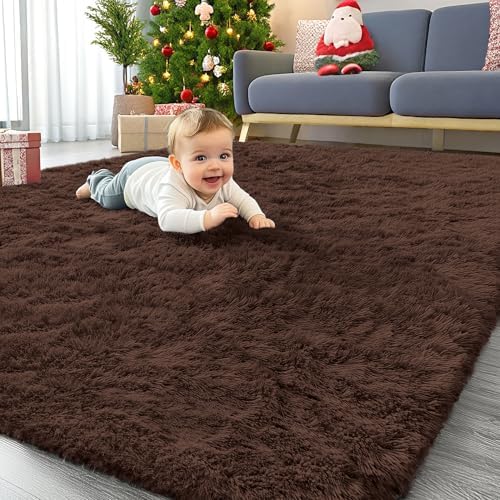 OLANLY Area Rugs for Living Room Bedroom, Machine Washable 4x5.9 ft Soft Fluffy Shaggy Bedside Rug, Indoor Floor Carpet for Kids Girls and Boys, Dorms, Nursery Rooms, Home Decor Aesthetic, Coffee
