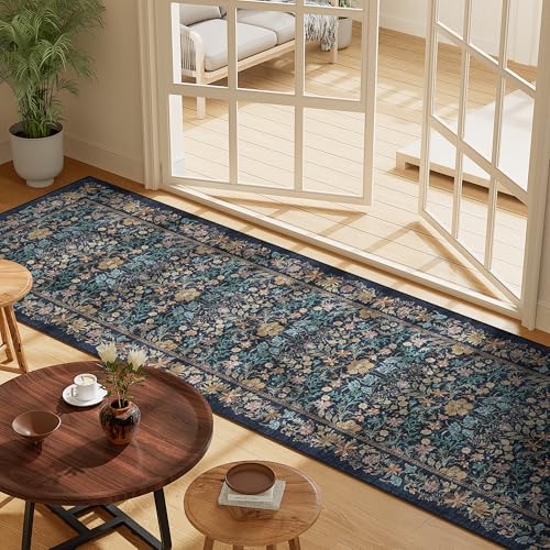 DUKINO 2x10 Runner Rug, Washable Vintage Floral Kitchen Rug, Dark Blue