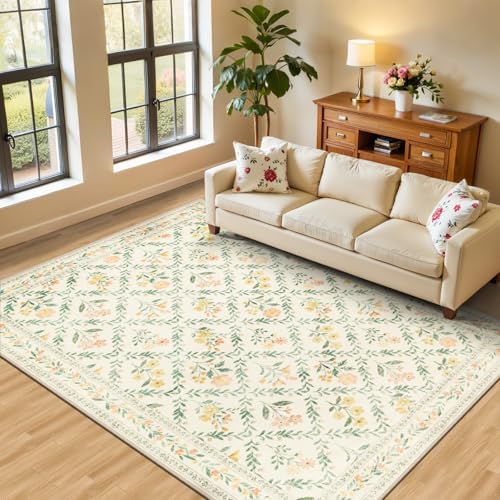 PLHXFR Area Rug Living Room: 4x6 Floral Washable Boho Carpet Beige Multi