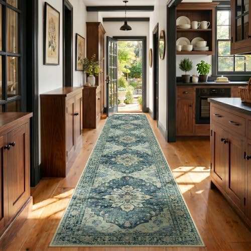 RELEANY Washable Area Rug, Runner 3'x20', Blue/Vintage Dark Blue